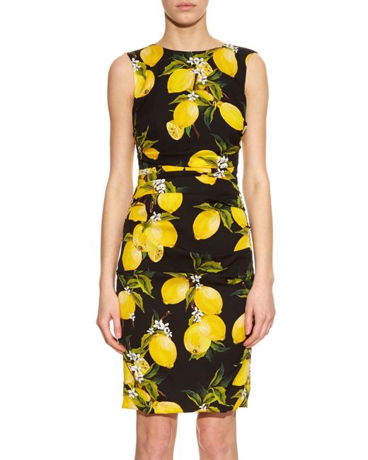 Dolce & Gabbana Lemon-print Ruched Silk Dress in Black | Lyst