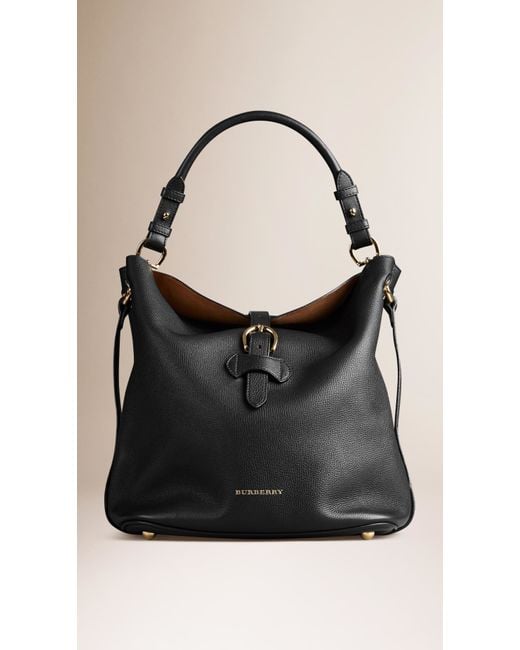Burberry Black Medium Buckle Detail Leather Hobo Bag