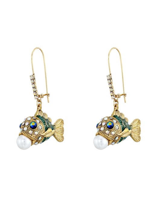 Betsey Johnson Multicolor Into The Blue Fish Pearl Drop Earrings