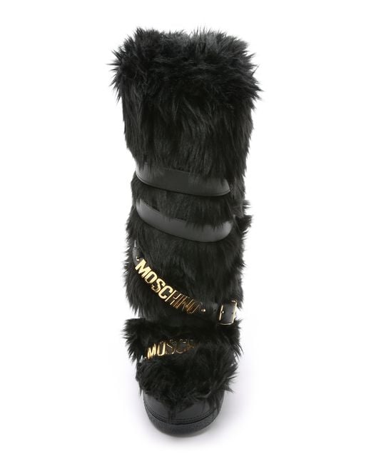 Moschino Logo-Strap Faux-Fur Snow Boots in Black | Lyst
