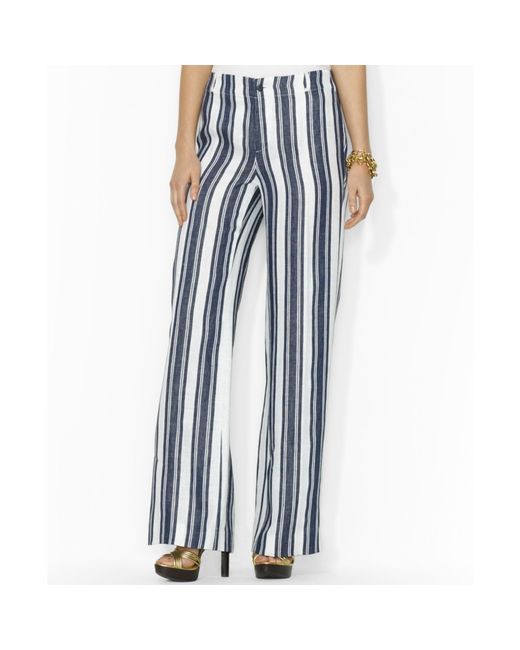 Ralph Lauren White Lauren Striped Wide Leg Linen Pants