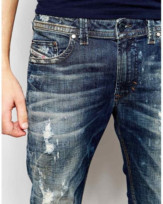 DIESEL Blue Jeans Thavar 830k Dna Slim Fit Stretch Extreme Rips Bleach for men
