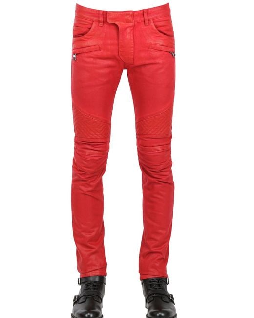 Balmain Red 18cm Geometric Waxed Denim Biker Jeans for men
