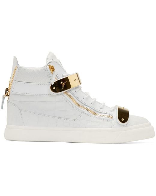 Giuseppe Zanotti White & Gold Croc-embossed Ringo Sneakers for men