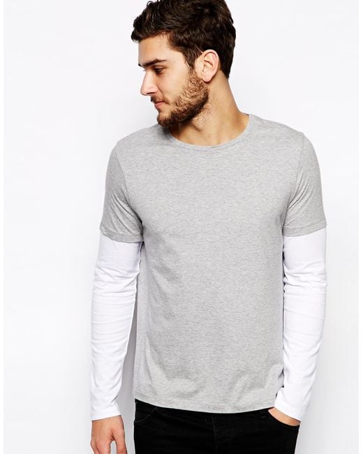 ASOS Long Sleeve T-shirt With Double Layer in Gray for Men
