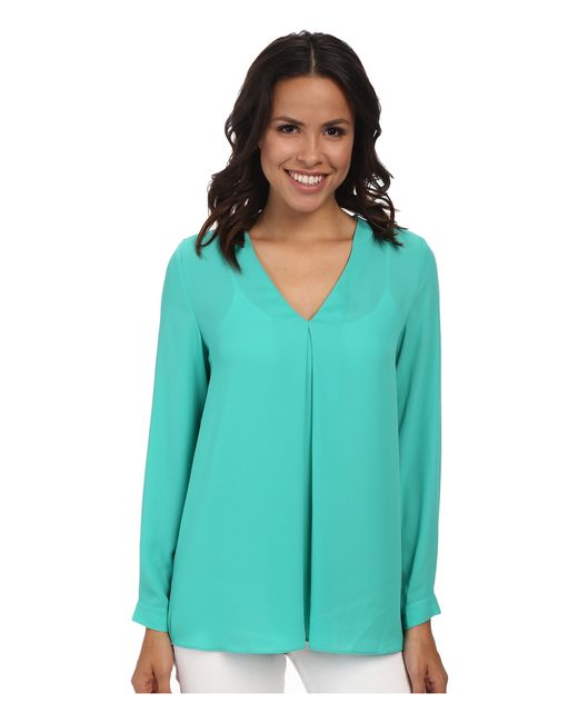Vince Camuto Blue Long Sleeve V-Neck Blouse W/ Inverted Front Pleat