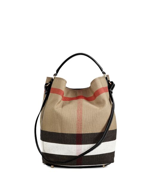 Burberry Medium House Check Cotton & Leather Bucket Bag in Natural | Lyst