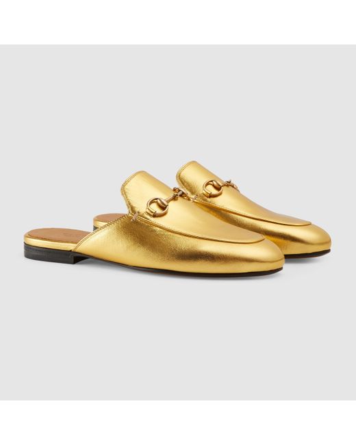 Gucci Princetown Metallic Leather Slipper in Gold (gold leather) | Lyst