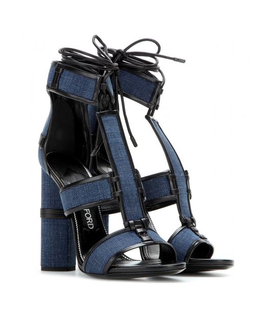 Tom Ford Patchwork Denim And Leather Sandals in Blue | Lyst