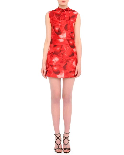 Valentino Heart-print Tie-neck Dress in Red | Lyst