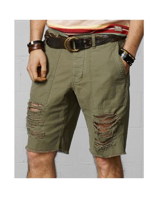 Denim & Supply Ralph Lauren Green Distressed Klamath Cargo Shorts for men