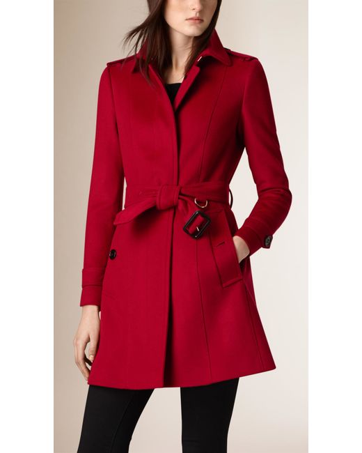 Burberry Red Pleat Detail Wool Cashmere Trench Coat