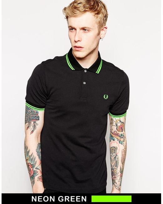 Fred Perry Black Soho Neon Polo With Neon Green Tipping Slim Fit for men
