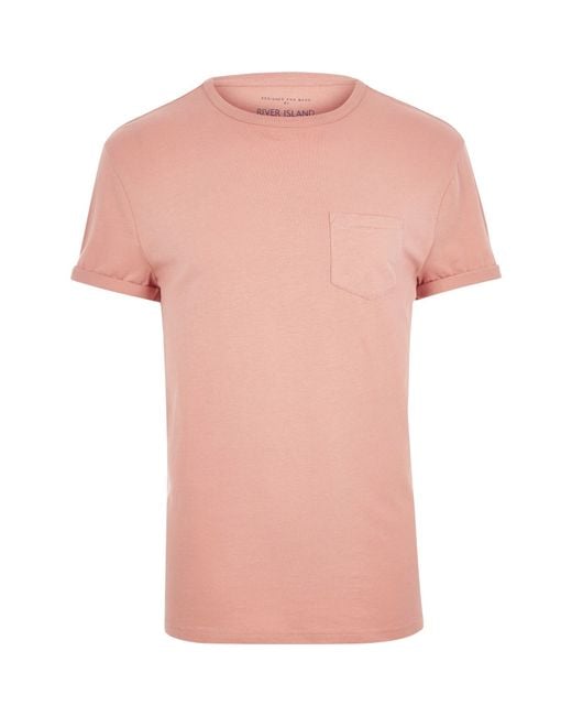 River Island Salmon Pink Plain Chest Pocket T-shirt for men