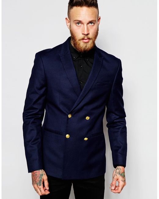 ASOS Skinny Double Breasted Blazer With Gold Buttons in Blue for Men | Lyst