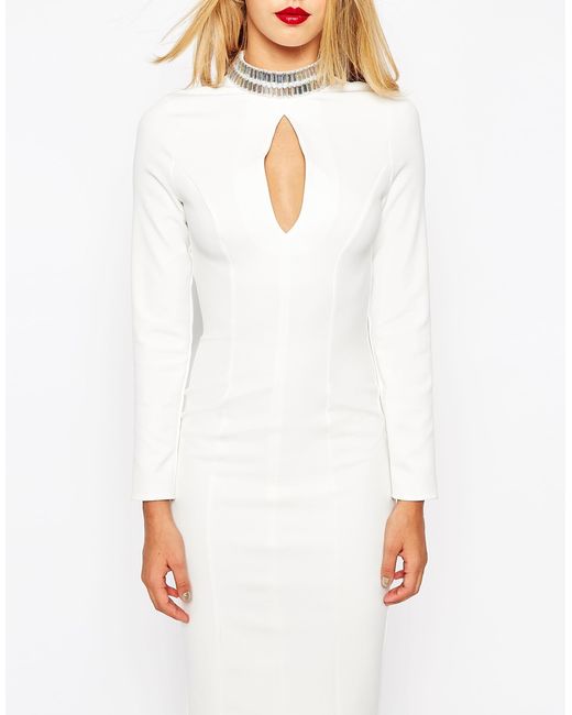 ASOS White Long Sleeve Embellished Collar Midi Dress