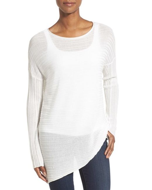 Eileen fisher Tencel Knit Bateau Neck Asymmetrical Hem Sweater in White (GREE...