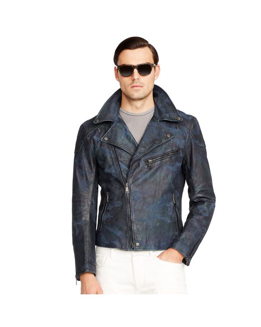 Ralph Lauren Blue Camo Leather Biker Jacket for men