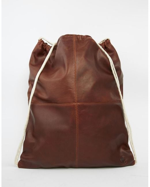 Lyle & Scott Brown Leather Drawstring Backpack for men