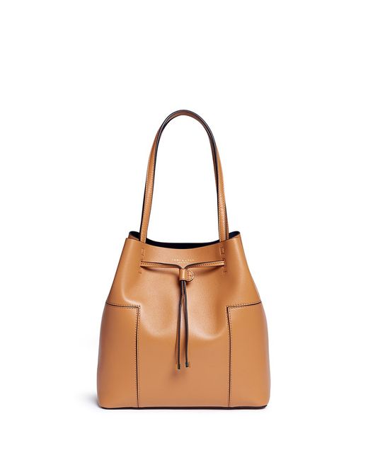 Tory Burch 'block-t' Leather Bucket Tote in Brown | Lyst