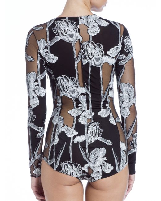 Black print sheer mesh body with lace panel rings