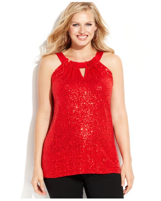 INC International Concepts Red Plus Size Sequin-Embellished Halter Top
