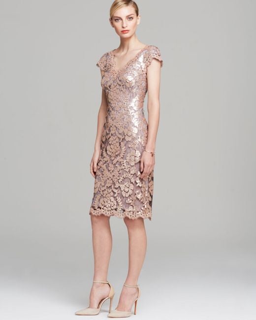 Tadashi Shoji Metallic Dress - V Neck Cap Sleeve Sequin