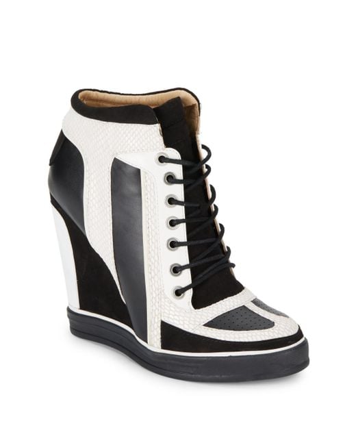 L.A.M.B. Summer Snake-Embossed Leather Sneaker Wedges/White & Black