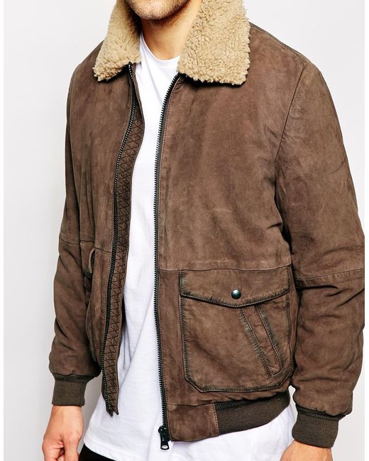 Wrangler Brown Leather Bomber Jacket Sherpa Collar for men