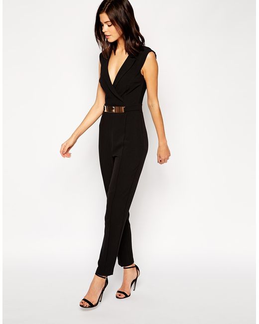 Lipsy Tuxedo Jumpsuit With Gold Belt Detail in Black | Lyst