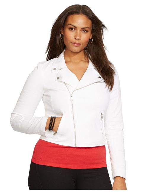 Lauren by Ralph Lauren Plus Size Denim Moto Jacket in White | Lyst