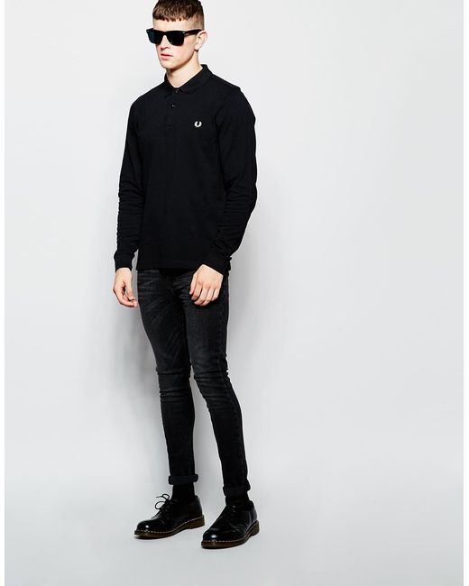 Fred Perry Black Long Sleeve Polo Shirt In Slim Fit Exclusive for men
