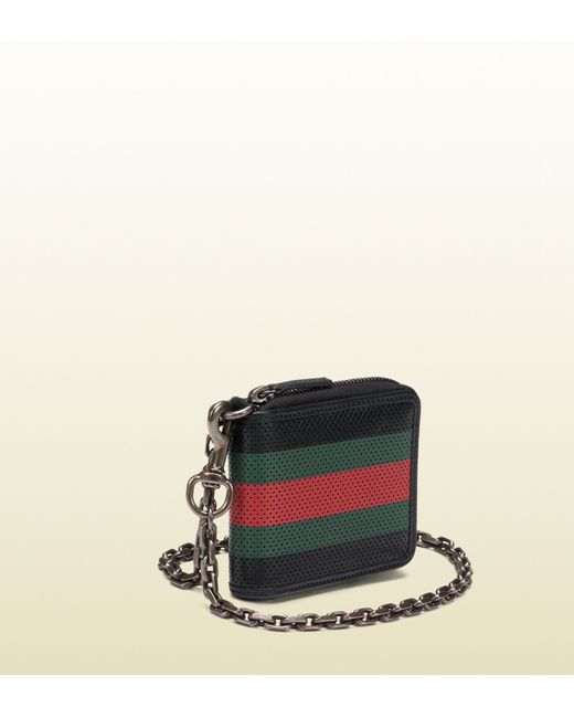 Gucci Perforated Leather Web Chain Wallet in Black for Men