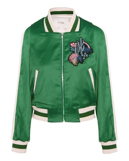 Maje Green Embroidered Stretch-satin Bomber Jacket