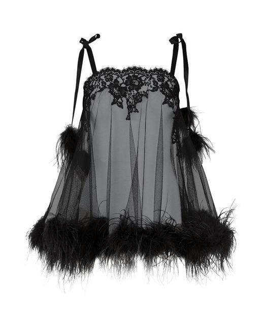 Agent Provocateur Black Karlotta Feather-trimmed Leavers Lace And Tulle Chemise