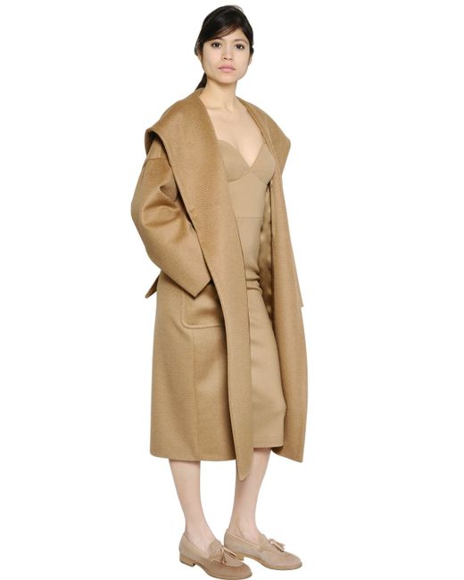 Max Mara Hooded Belted Camel Coat in Natural Lyst