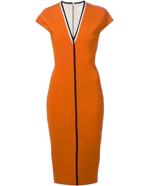 Victoria Beckham Orange Contrast Trim V-Neck Dress