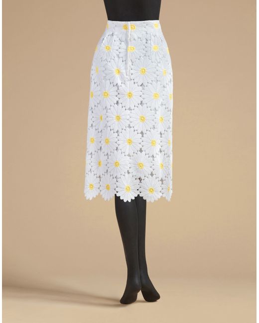 Dolce & Gabbana White Daisy Embroidered Lace Skirt 