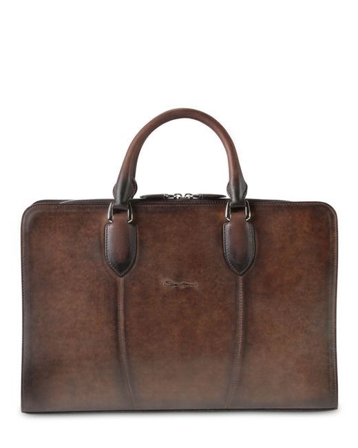 Santoni Brown Handpainted Leather Slim Briefcase for men
