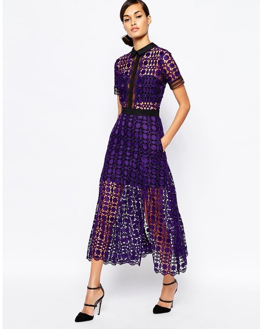 Self-Portrait Purple Short-sleeve Guipure-lace Midi Dress