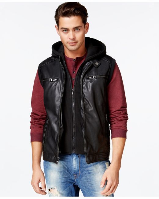 Guess Black Quilted Faux-leather Hooded Vest for men