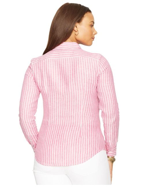 Lauren by Ralph Lauren Plus Size Linen Striped Shirt in Pink | Lyst