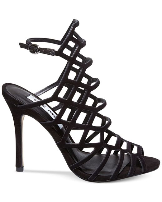 Steve Madden Slithur Leather Caged Heeled Sandals In Black Black Suede Lyst