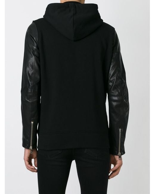DIESEL Leather Sleeve Zipped Hoodie in Black for Men | Lyst