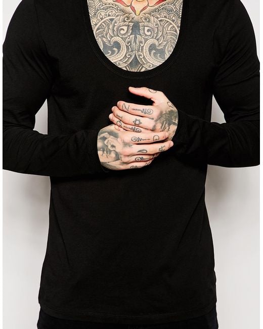 ASOS Black Longline Long Sleeve T-shirt With Deep Scoop Neck for men
