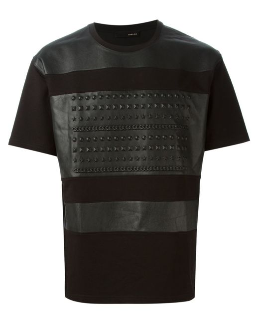 Avelon Black Studded Leather Panel T-Shirt for men