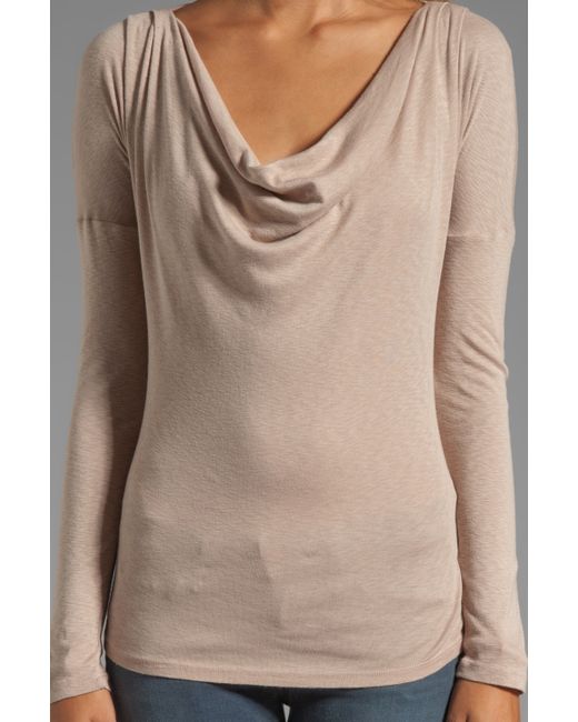 Michael Stars Natural Long Sleeve Drape Neck Top in Brown