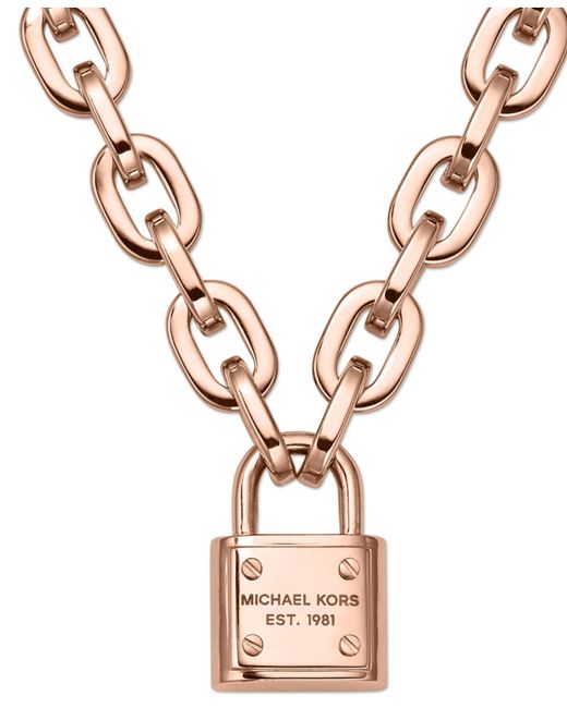 Michael Kors Metallic Rose Gold-Tone Chain Padlock Pendant Necklace