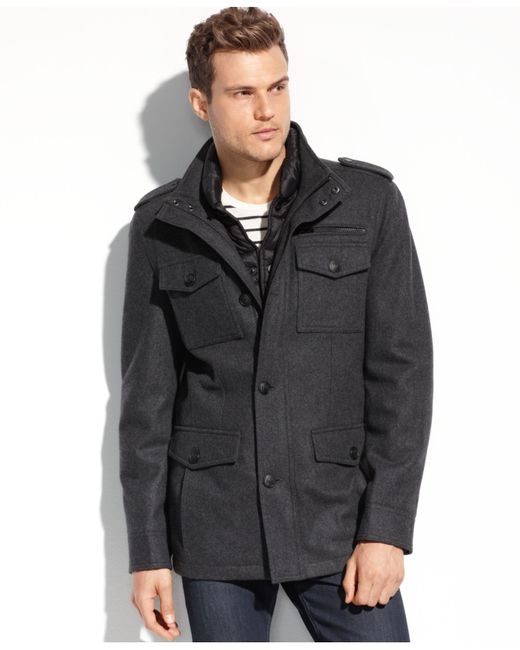 Guess Black Coats, Wool-Blend Military Coat With Removable Puffer Bib for men