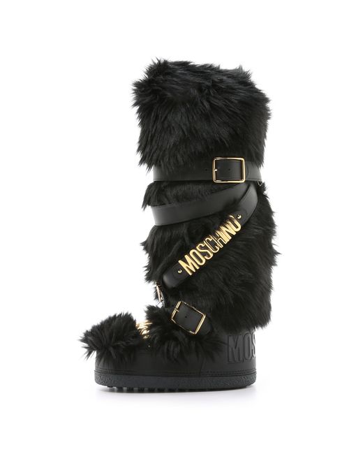 Moschino Black Logo-Strap Faux-Fur Snow Boots